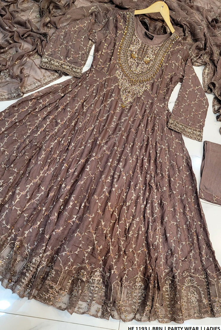 HE 1193 Pakistani women's chiffon long frock with dupatta back view