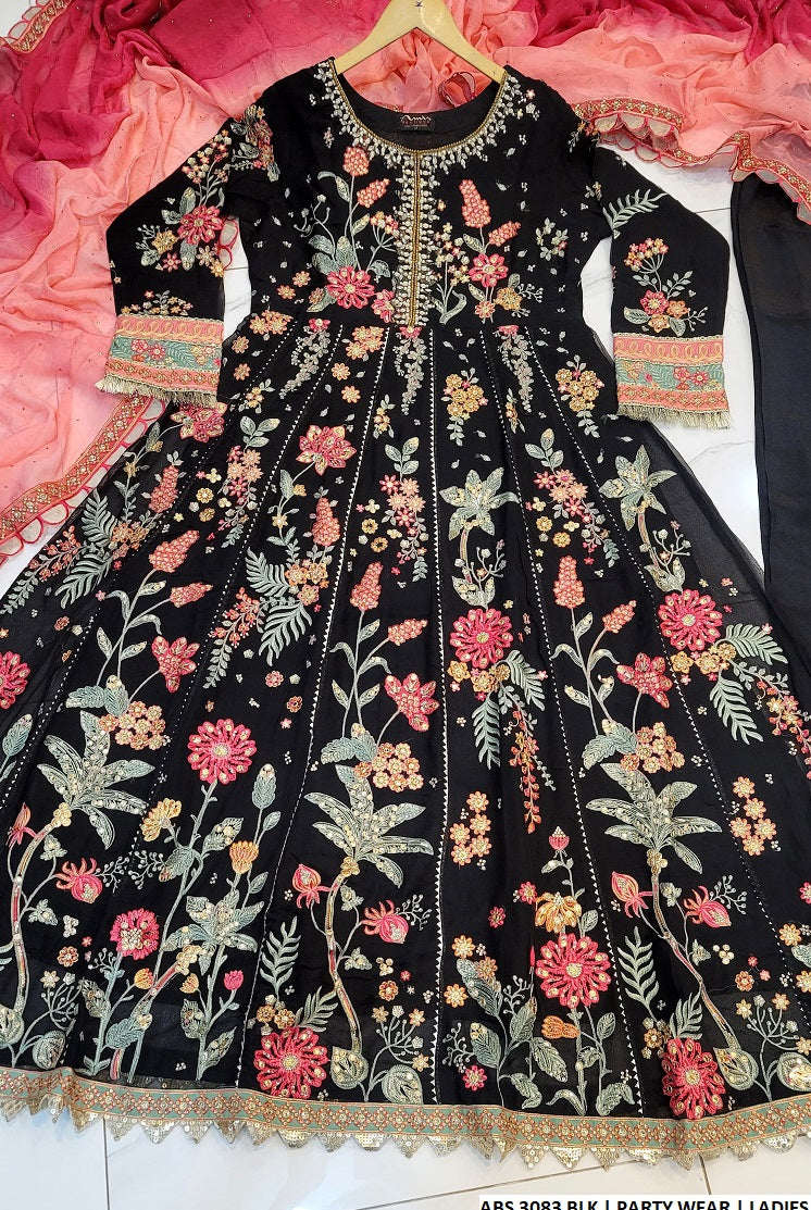 Chiffon long frock ABS 3083 - Pakistani women's luxury formal wear with grip trouser and chiffon dupatta front view