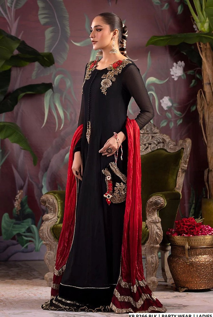 Chiffon long frock style KB P266 - Pakistani women's party wear with crushed masuri trouser front view