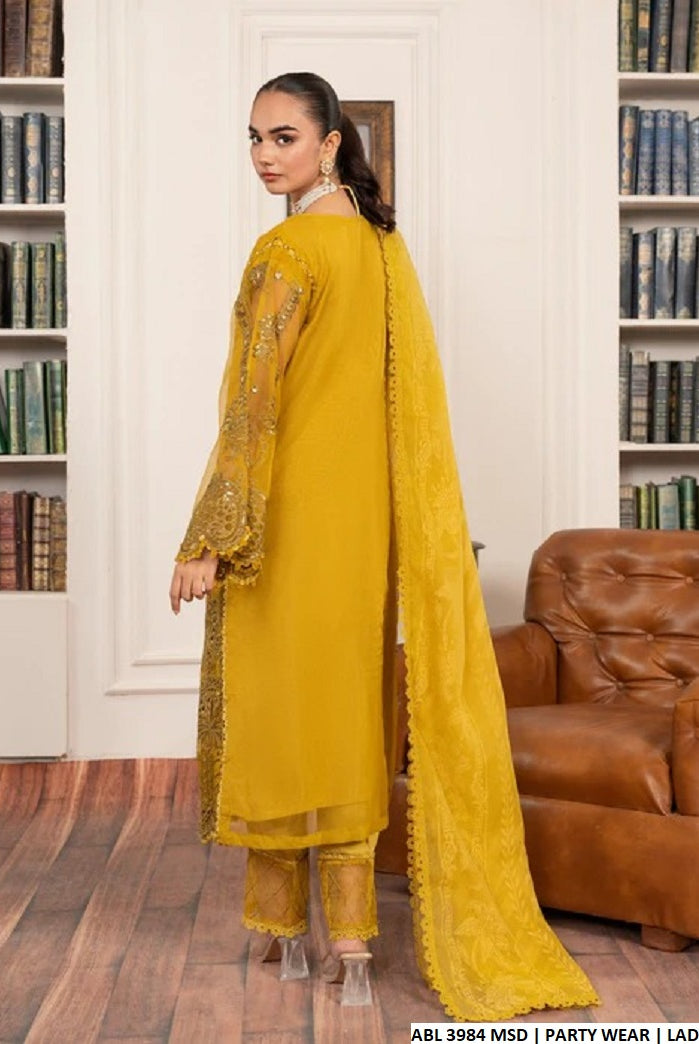 ABL 3984 organza Pakistani women's A-Line outfit with masuri net dupatta side view
