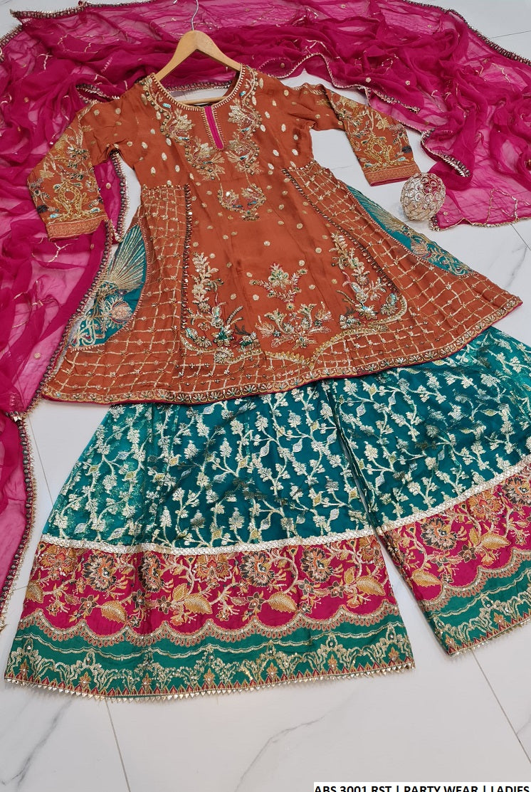 ABS 3001 Pakistani women's chiffon frock with zari organza dupatta back view