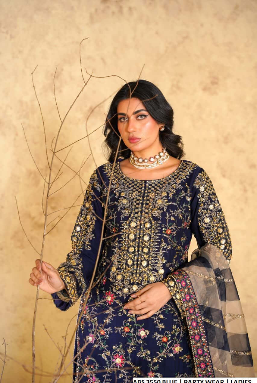 Pakistani women's blue chiffon straight shirt detail view