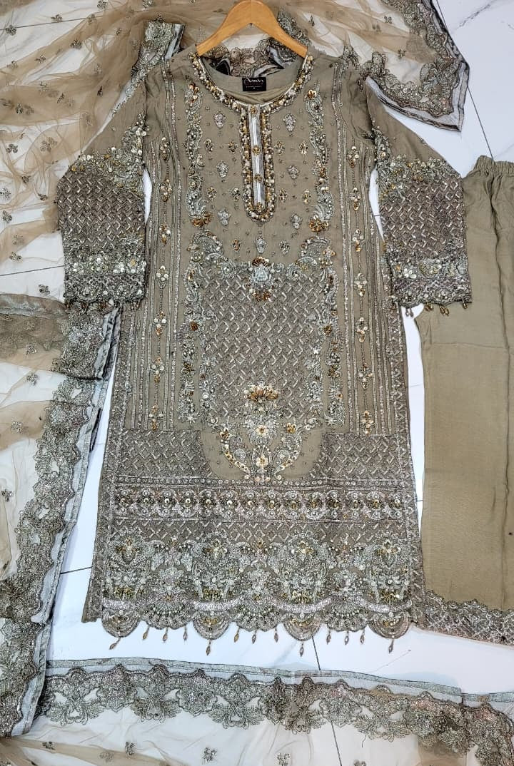 Pakistani women's brown organza straight shirt back view