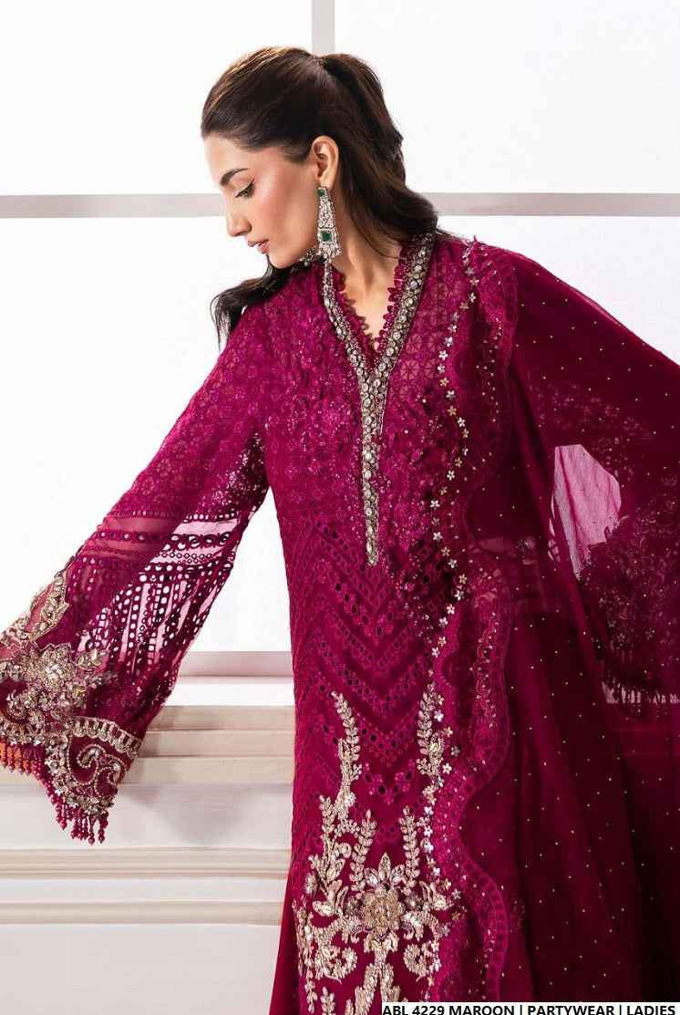 Maroon organza Pakistani women's A-Line shirt side view