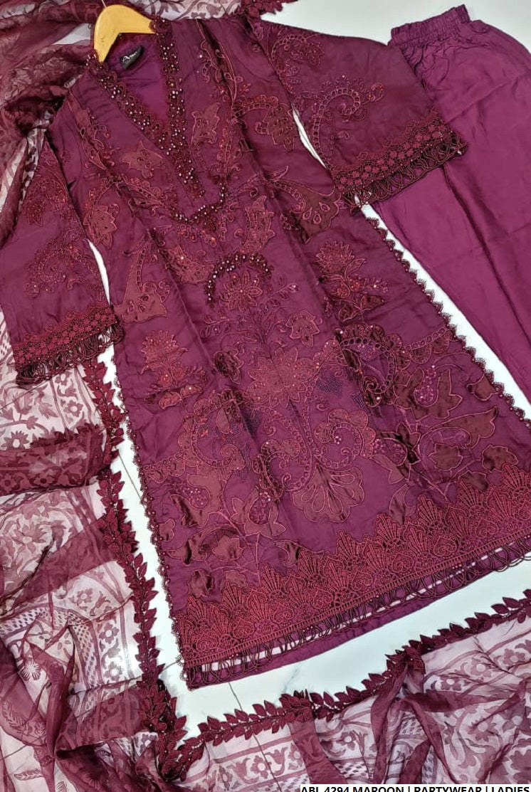 Pakistani women's maroon chiffon A-Line shirt back view