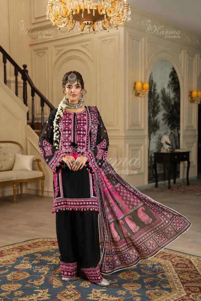 Silk short shirt farshi shalwar black - Pakistani women's traditional formal outfit front view