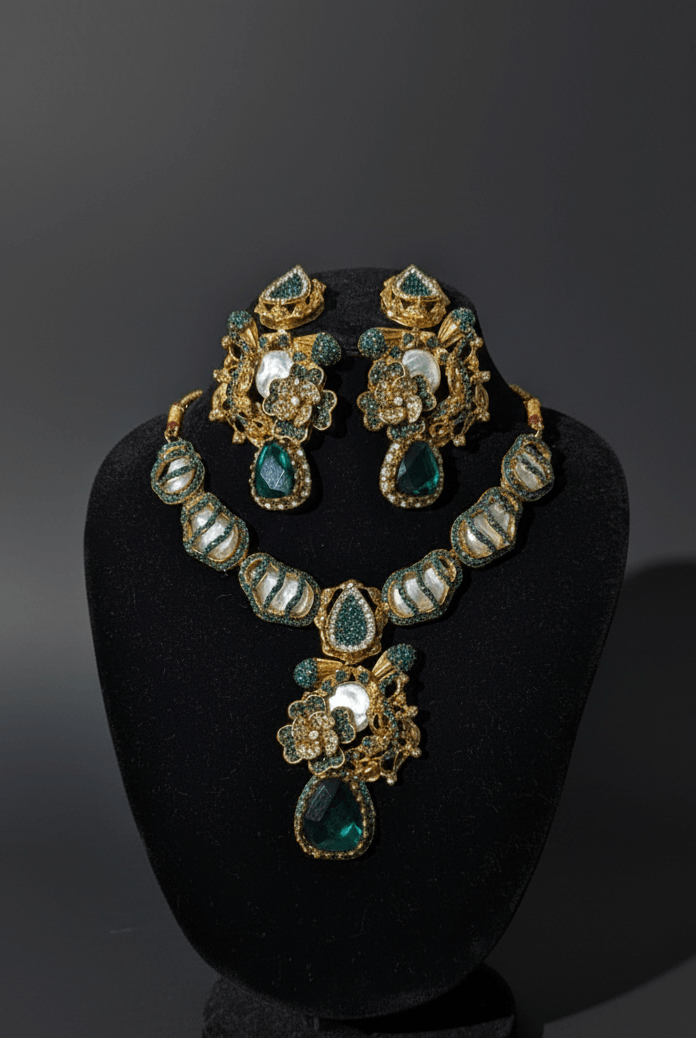 Pakistani women's emerald heritage party wear necklace set side view