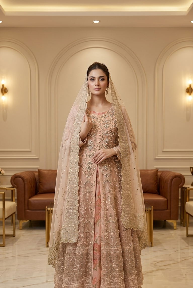 Peach embroidered long gown with net dupatta, Pakistani women's formal party wear