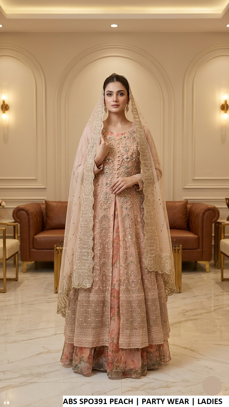 Peach embroidered long gown with net dupatta, Pakistani women's formal party wear