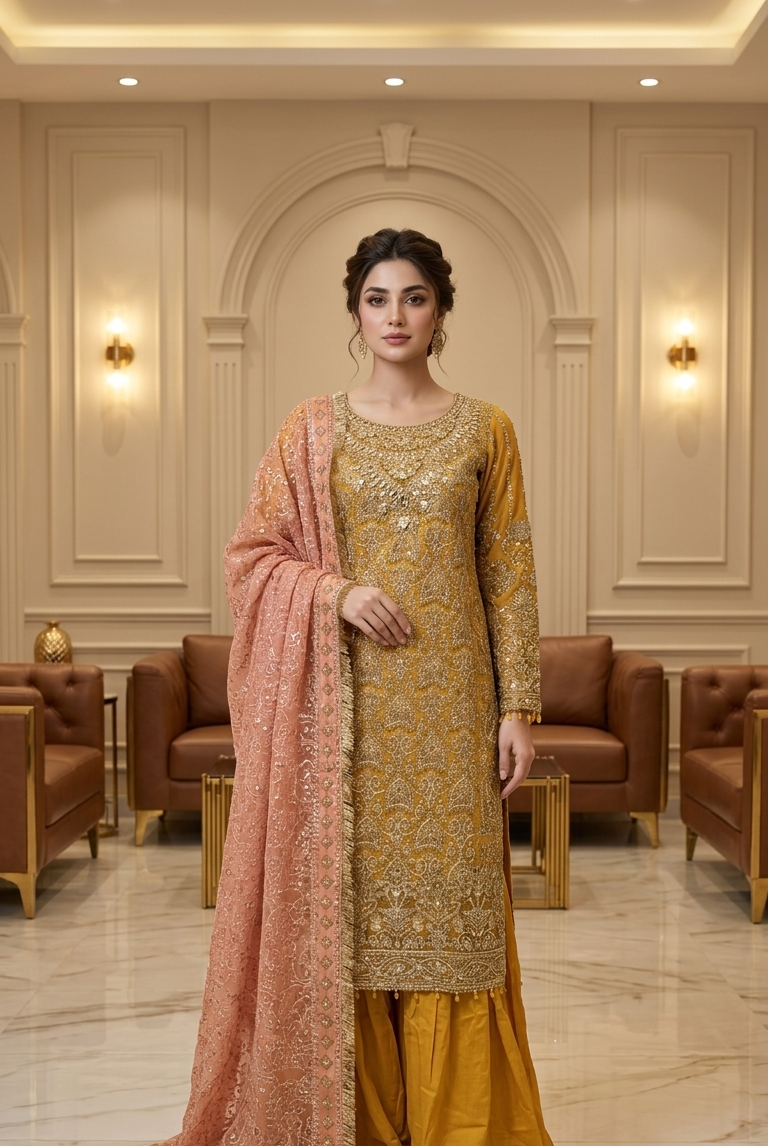 Mustard embroidered sharara suit with peach dupatta, Pakistani women's party wear