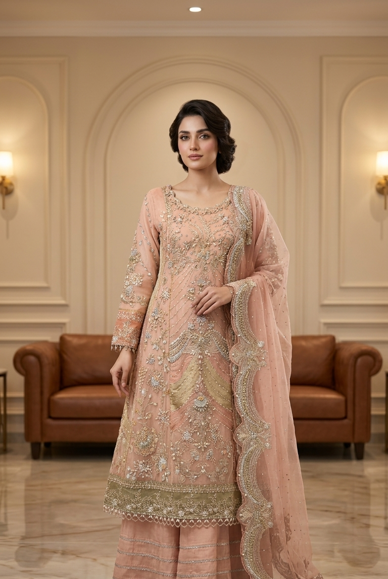 Tea pink embroidered sharara suit with dupatta, Pakistani women's party wear