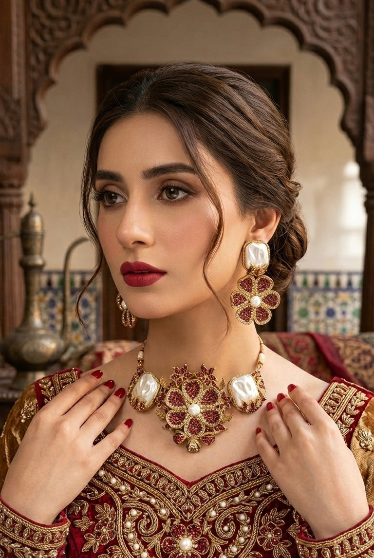 Baroque ruby pearl floral statement necklace set JW295 - Pakistani women's luxury bridal jewelry with pavé ruby stones front view