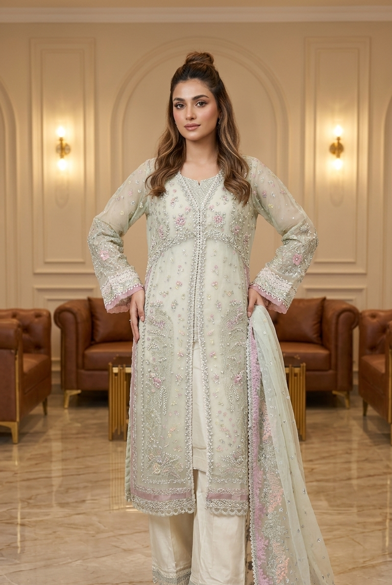 Light grey embroidered straight suit with trouser and dupatta, Pakistani women's party wear
