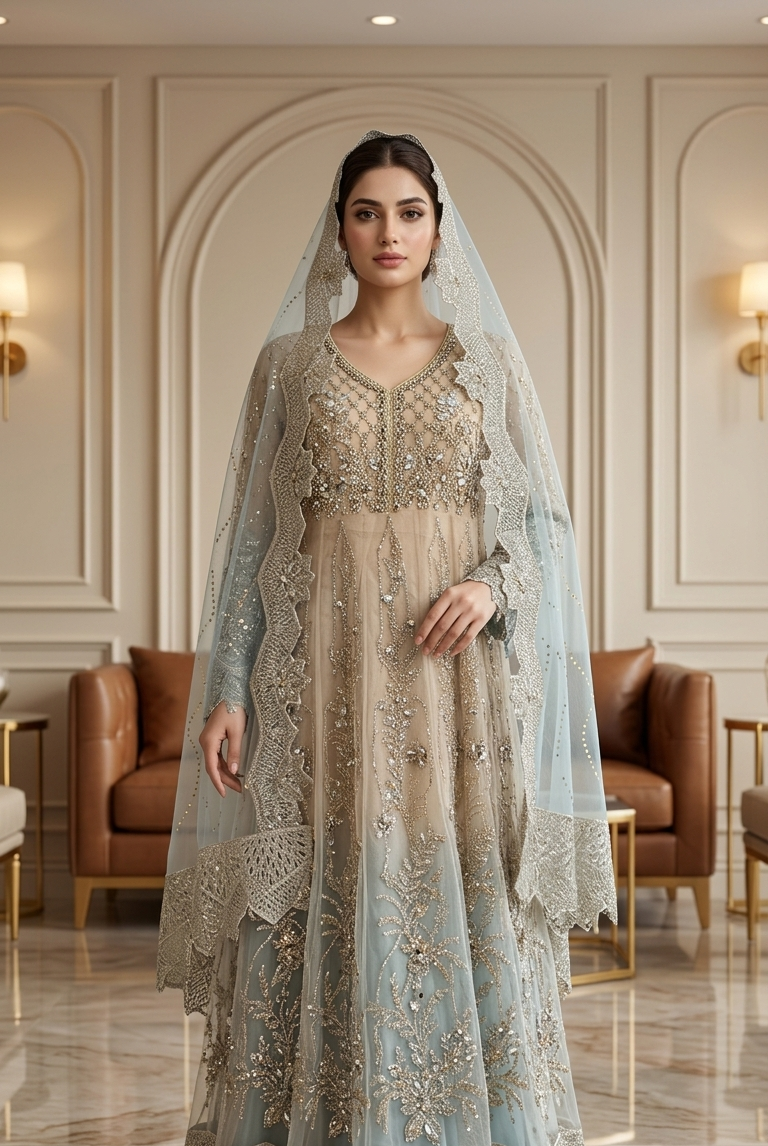 Beige embroidered long gown with blue net dupatta, Pakistani women's formal wear