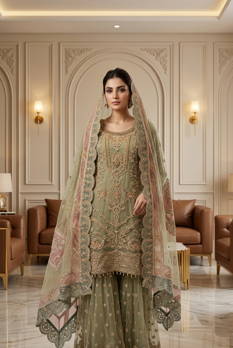 Light green embroidered sharara suit with dupatta, Pakistani women's party wear