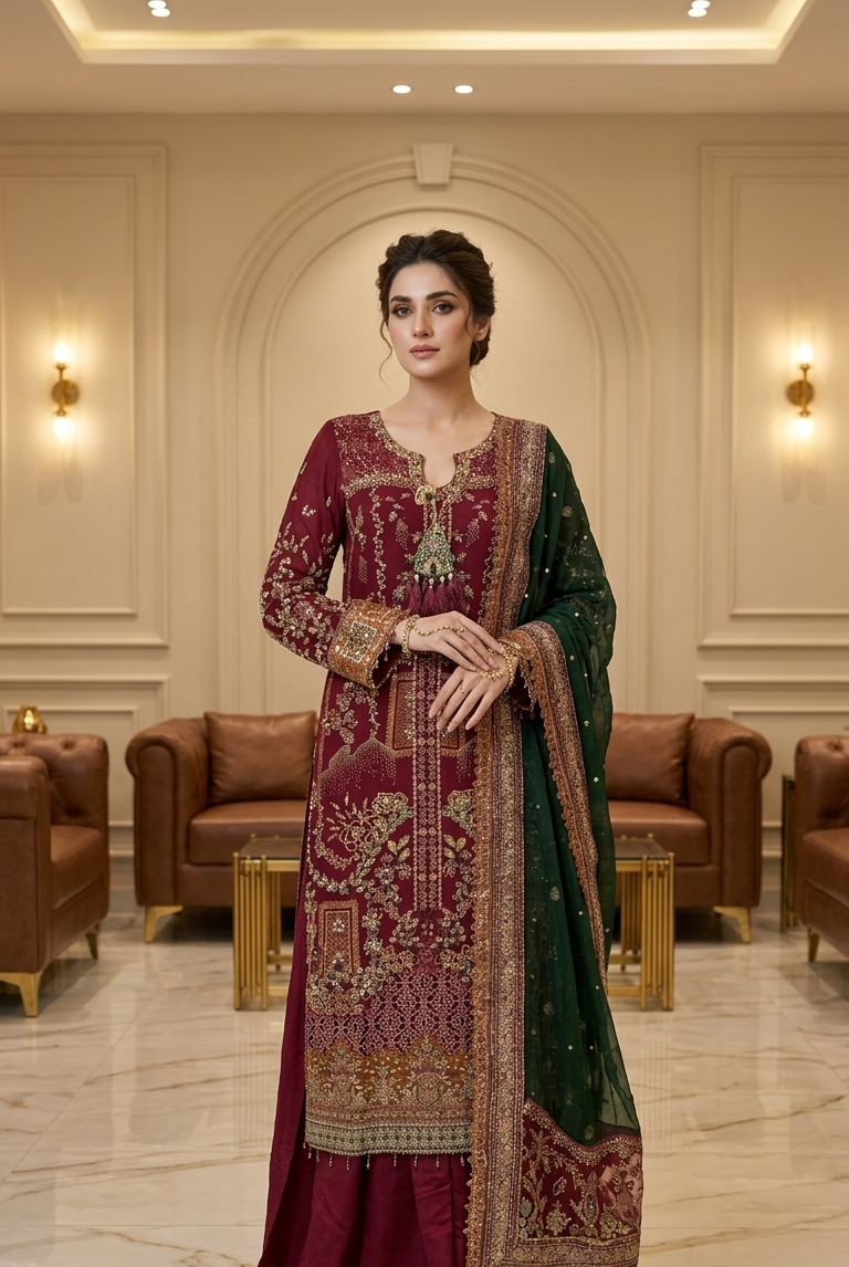 Magenta embroidered party suit with green dupatta, Pakistani women's formal three-piece wear