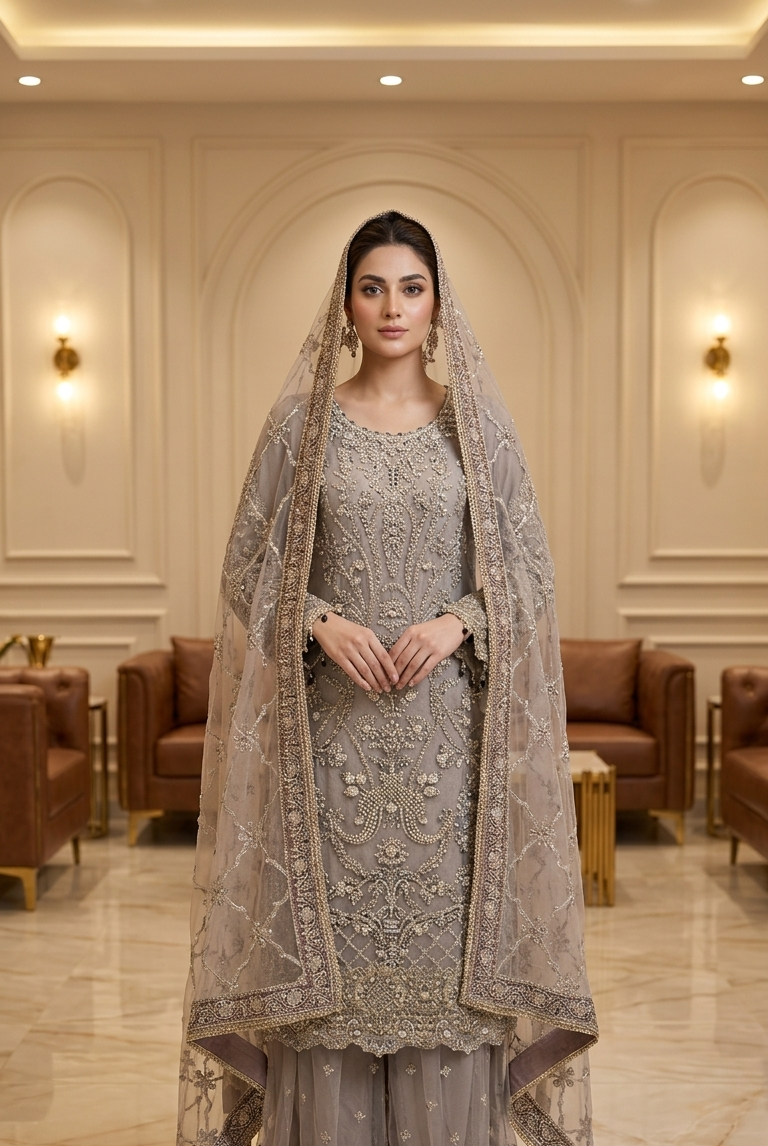 Lilac embroidered sharara suit with dupatta, Pakistani women's party wear