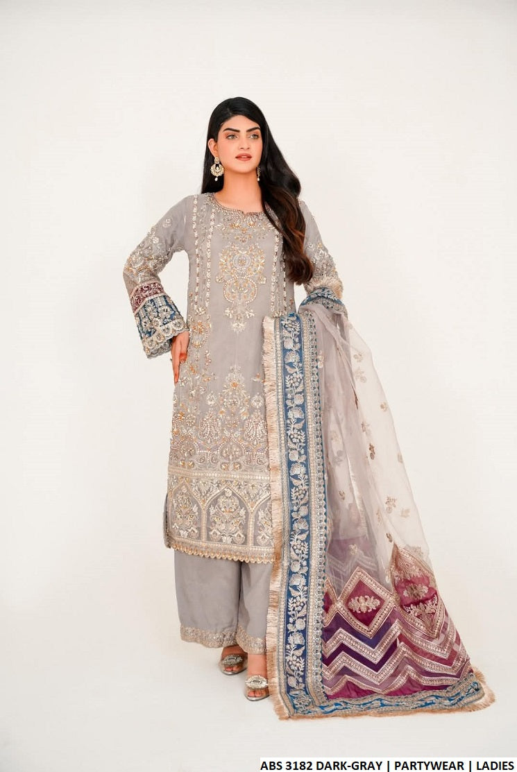 Chiffon straight shirt plazo ABS 3182 - Pakistani women's party wear with grip plazo and organza dupatta front view