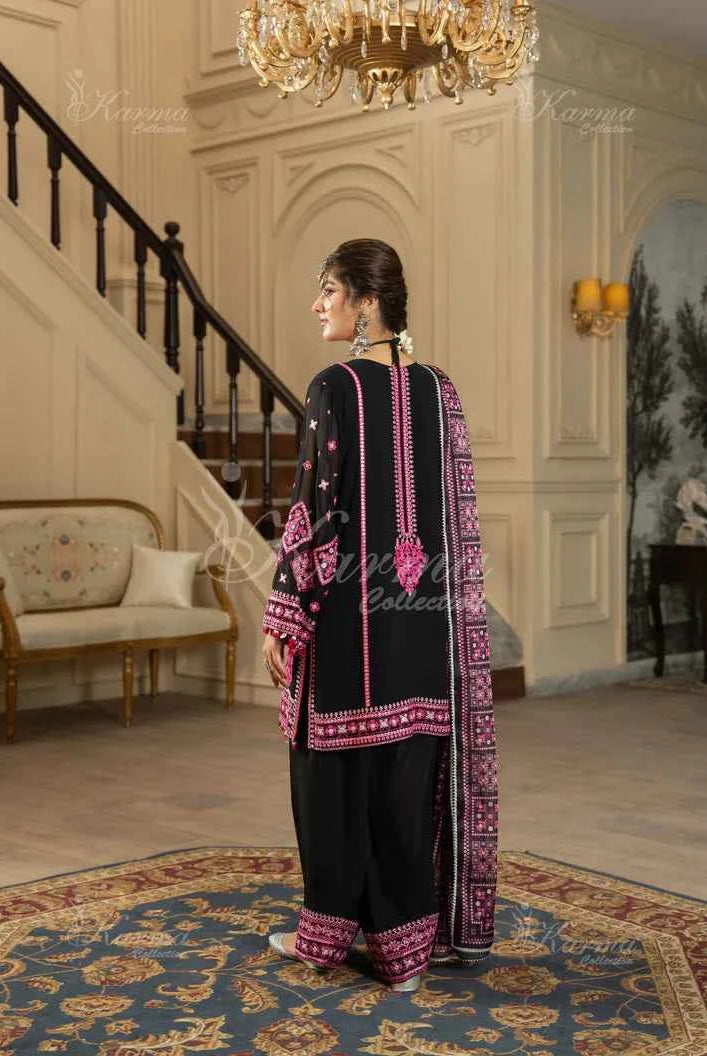 Black silk Pakistani women's short shirt with farshi shalwar side view