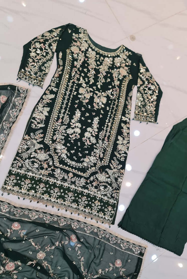 Bottle green chiffon Pakistani women's straight shirt back view