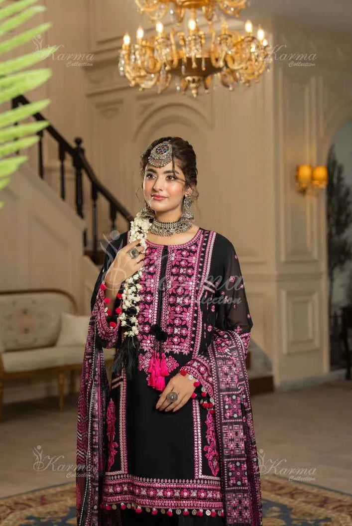 Pakistani women's black silk short shirt farshi shalwar full view