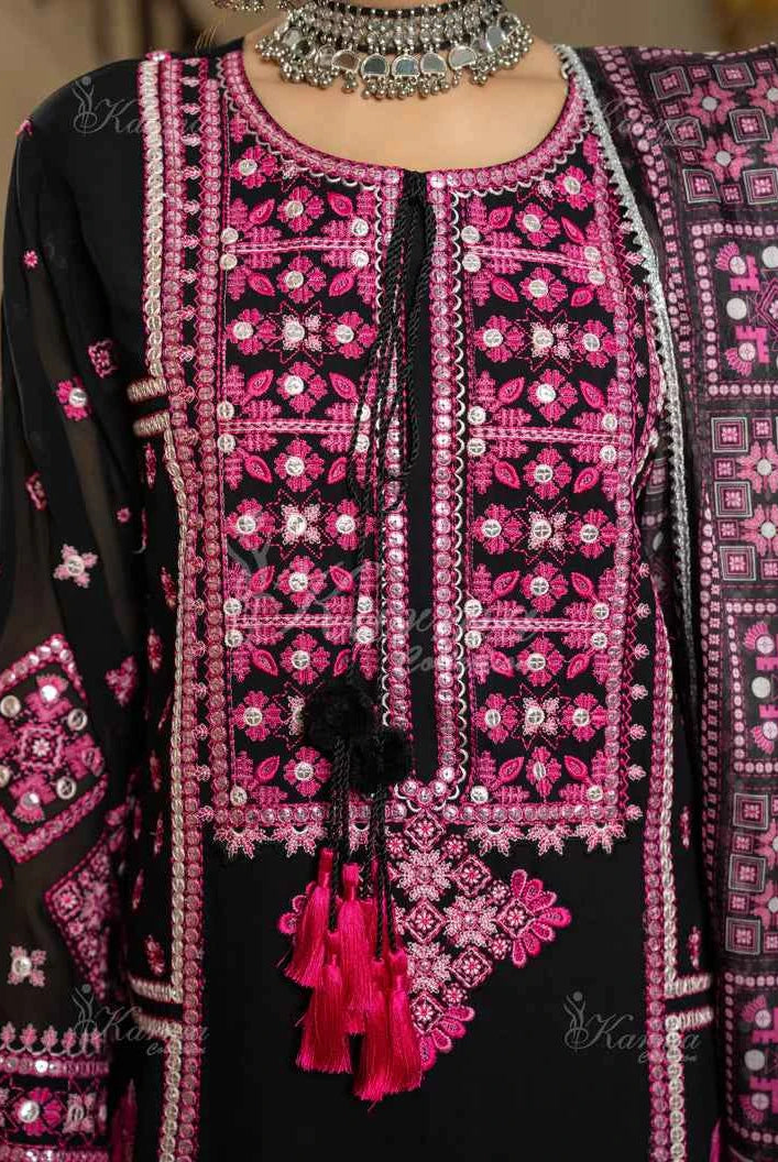 Pakistani women's black silk short shirt farshi shalwar back view