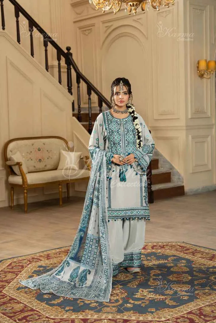 Silk short shirt farshi shalwar grey - Pakistani women's traditional formal outfit front view
