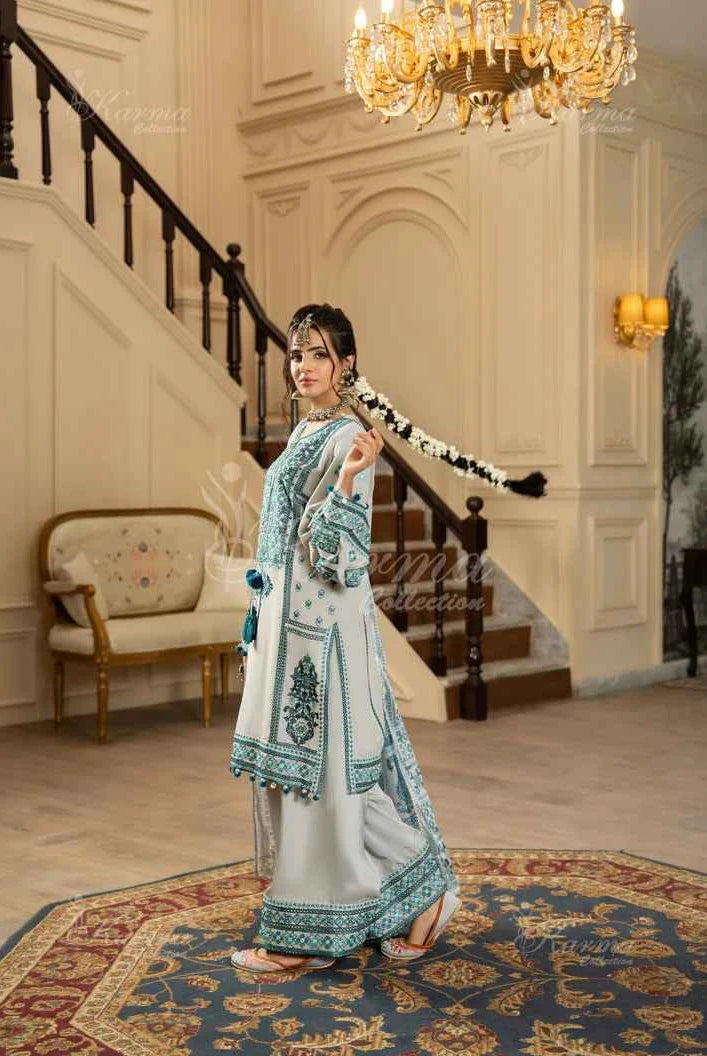 Grey silk Pakistani women's short shirt with farshi shalwar side view