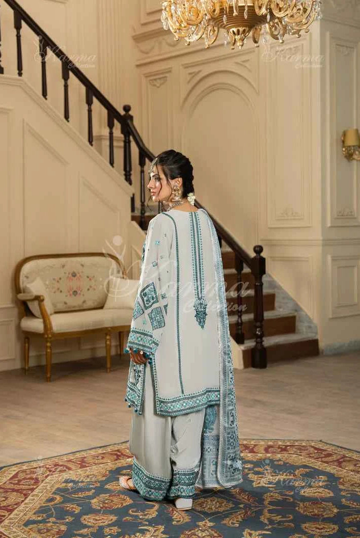 Pakistani women's grey silk short shirt farshi shalwar detail view