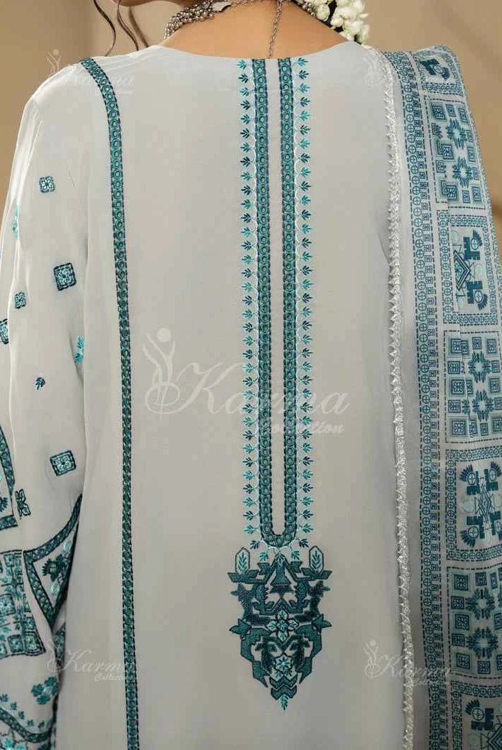 Pakistani women's grey silk short shirt farshi shalwar back view