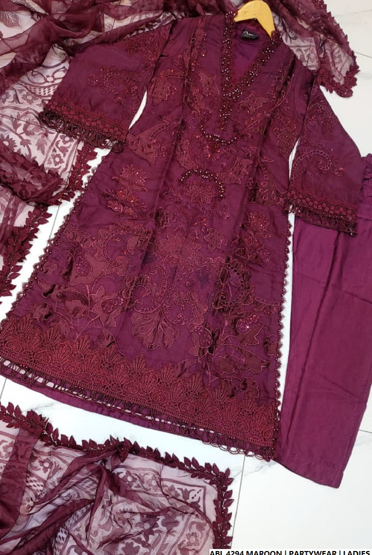 Pakistani women's maroon chiffon A-Line shirt full view
