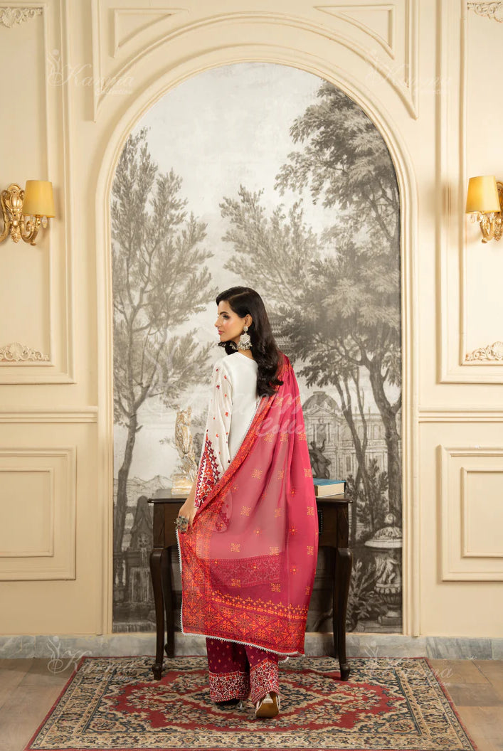 Pakistani women's pink silk short shirt farshi shalwar detail view