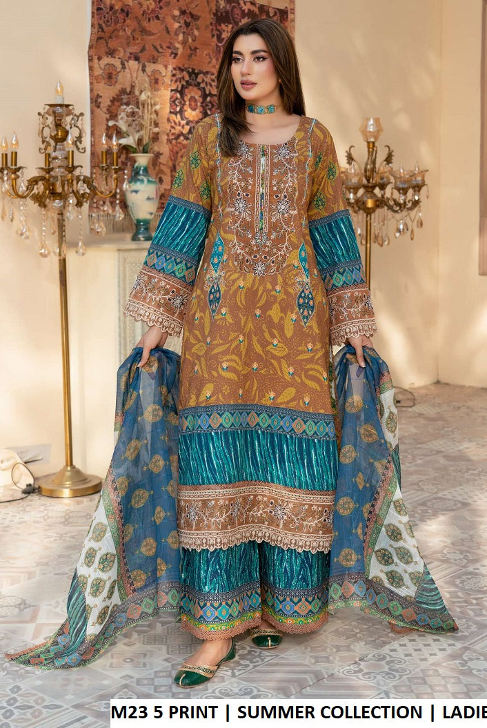 Lawn straight shirt plazo M23 5 PRINT - Pakistani women's summer casual outfit with digital printed dupatta front view