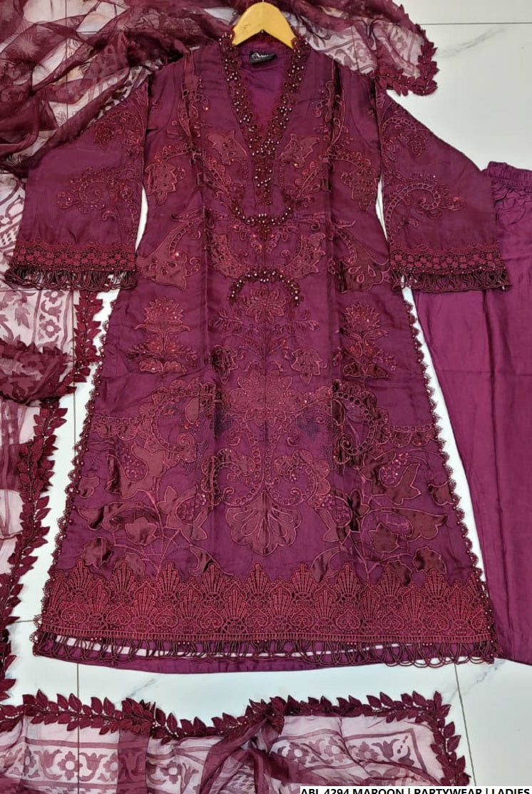 Pakistani women's maroon chiffon A-Line shirt detail view