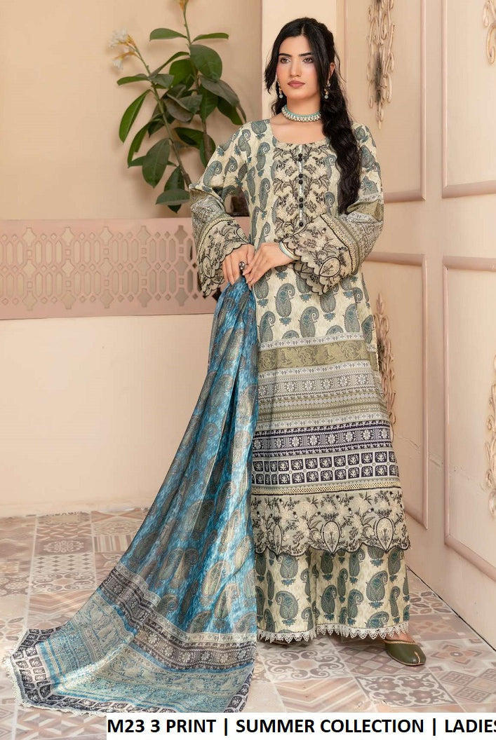 Lawn straight shirt plazo M23 3 PRINT - Pakistani women's summer casual outfit with digital printed dupatta front view