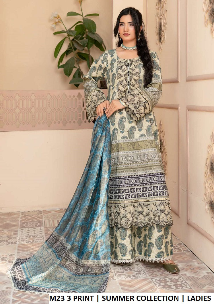 Lawn straight shirt plazo M23 3 PRINT - Pakistani women's summer casual outfit with digital printed dupatta front view