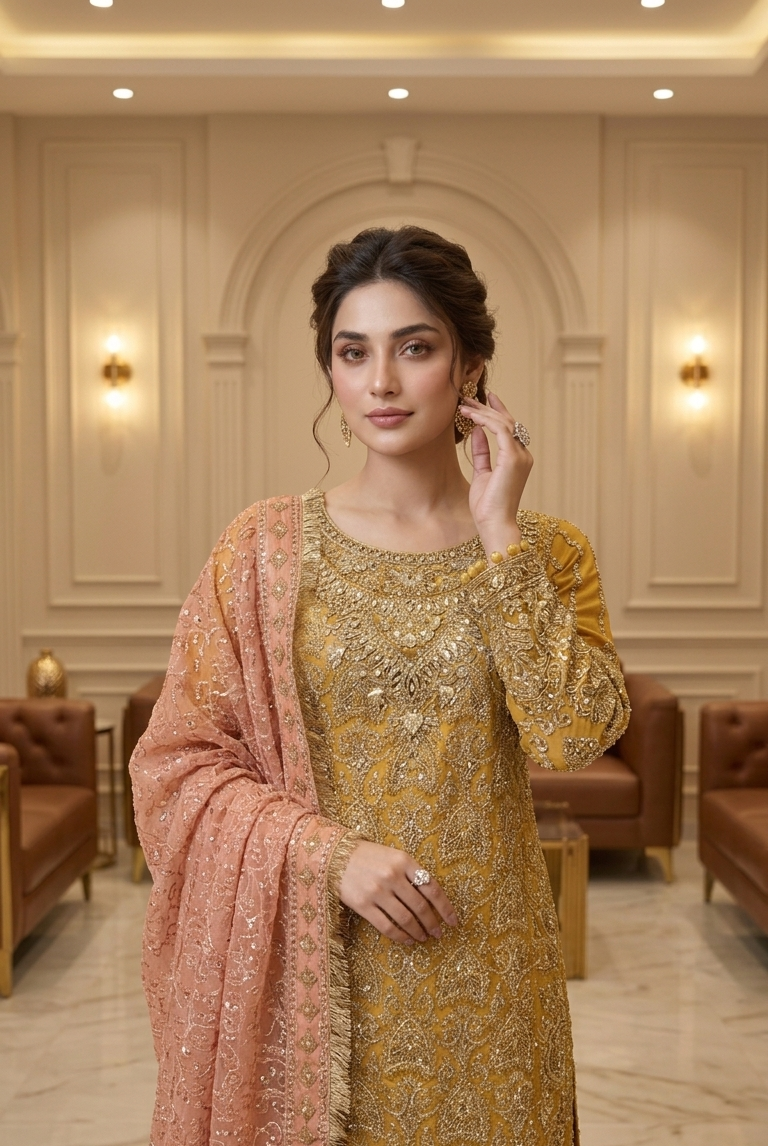 Mustard embroidered sharara suit with peach dupatta, Pakistani women's party wear