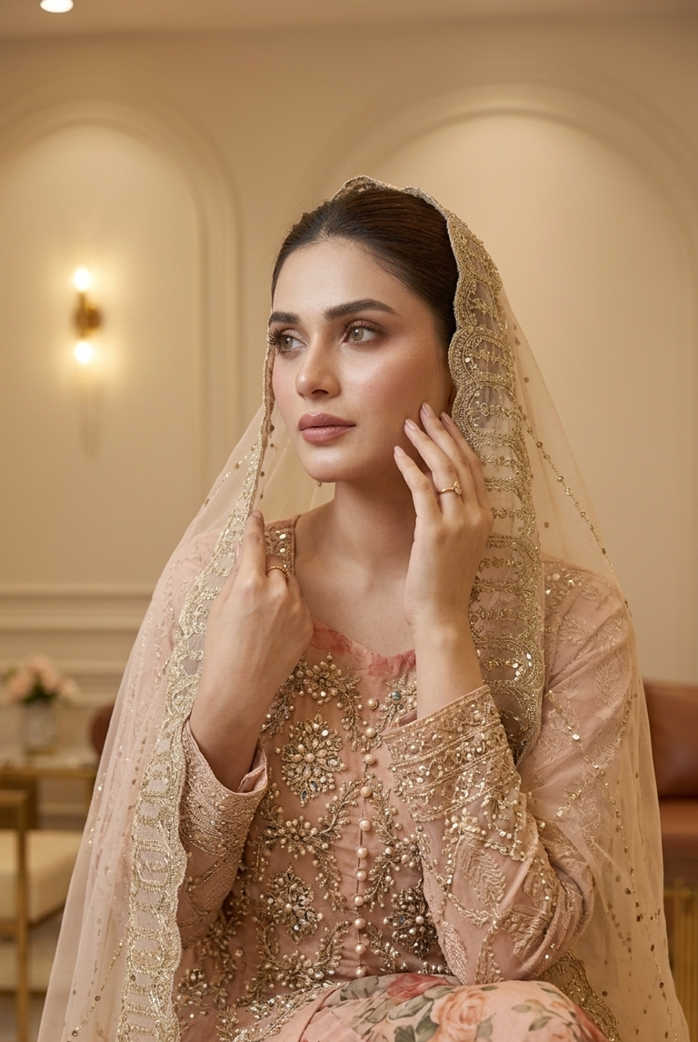 Peach embroidered long gown with net dupatta, Pakistani women's formal party wear