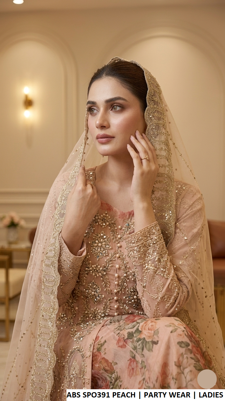 Peach embroidered long gown with net dupatta, Pakistani women's formal party wear