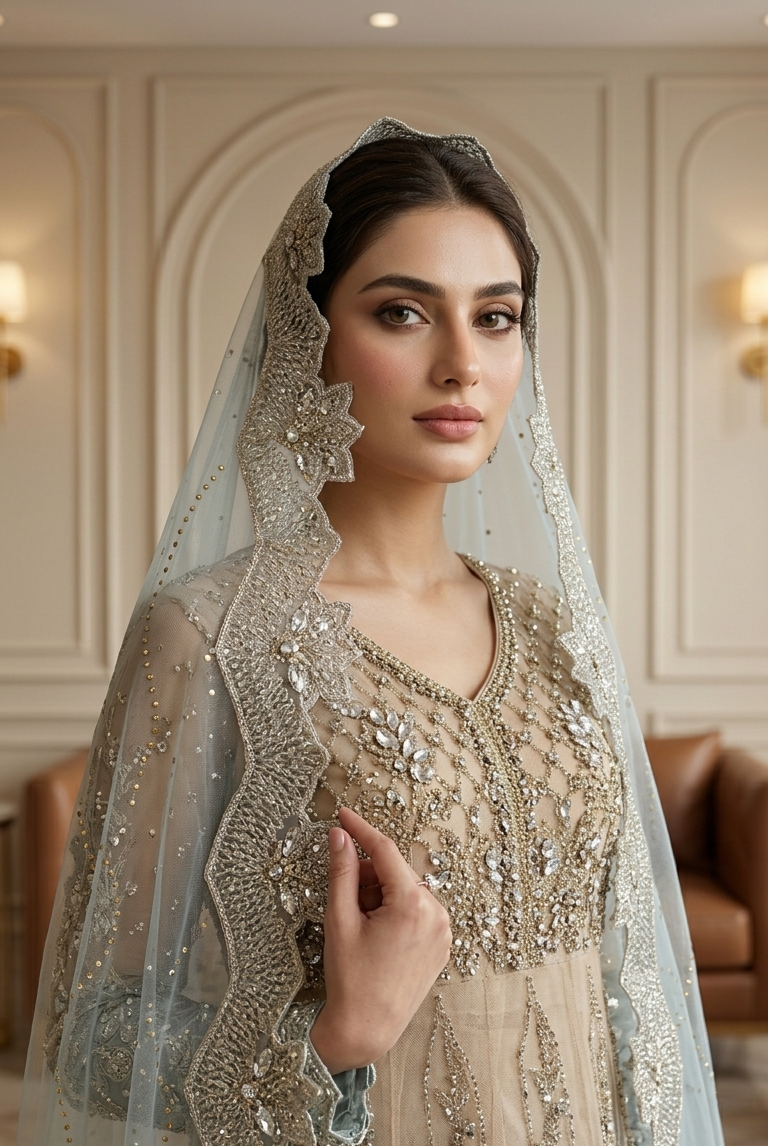Beige embroidered long gown with blue net dupatta, Pakistani women's formal wear