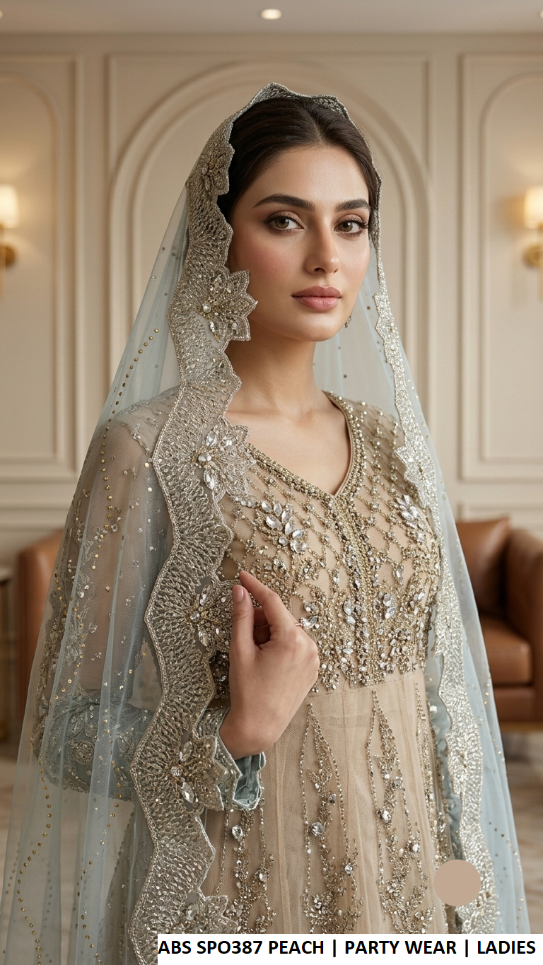 Beige embroidered long gown with blue net dupatta, Pakistani women's formal wear