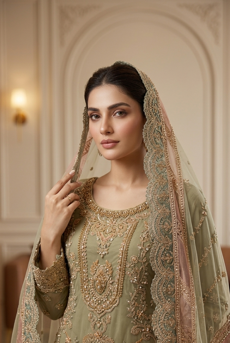 Light green embroidered sharara suit with dupatta, Pakistani women's party wear