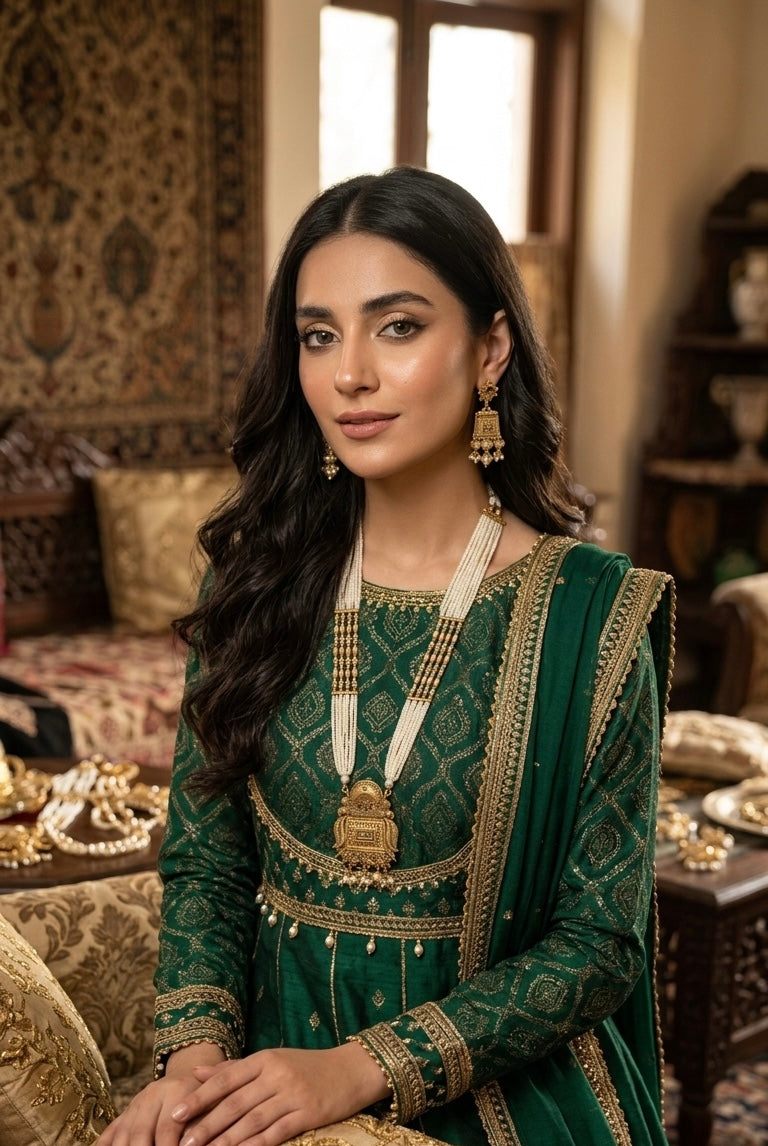 Antique gold pearl rani haar necklace set JW190 - Pakistani women's luxury bridal jewelry with multi-layered pearl strands and jhumka earrings front view