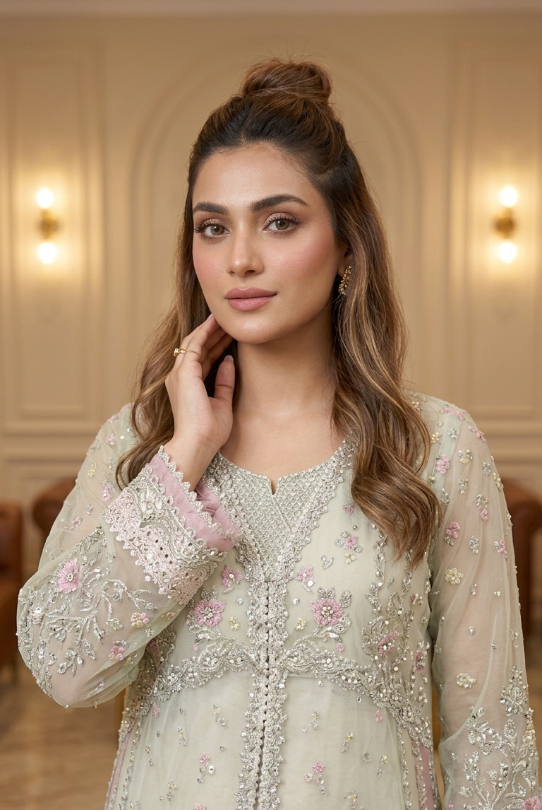 Light grey embroidered straight suit with trouser and dupatta, Pakistani women's party wear