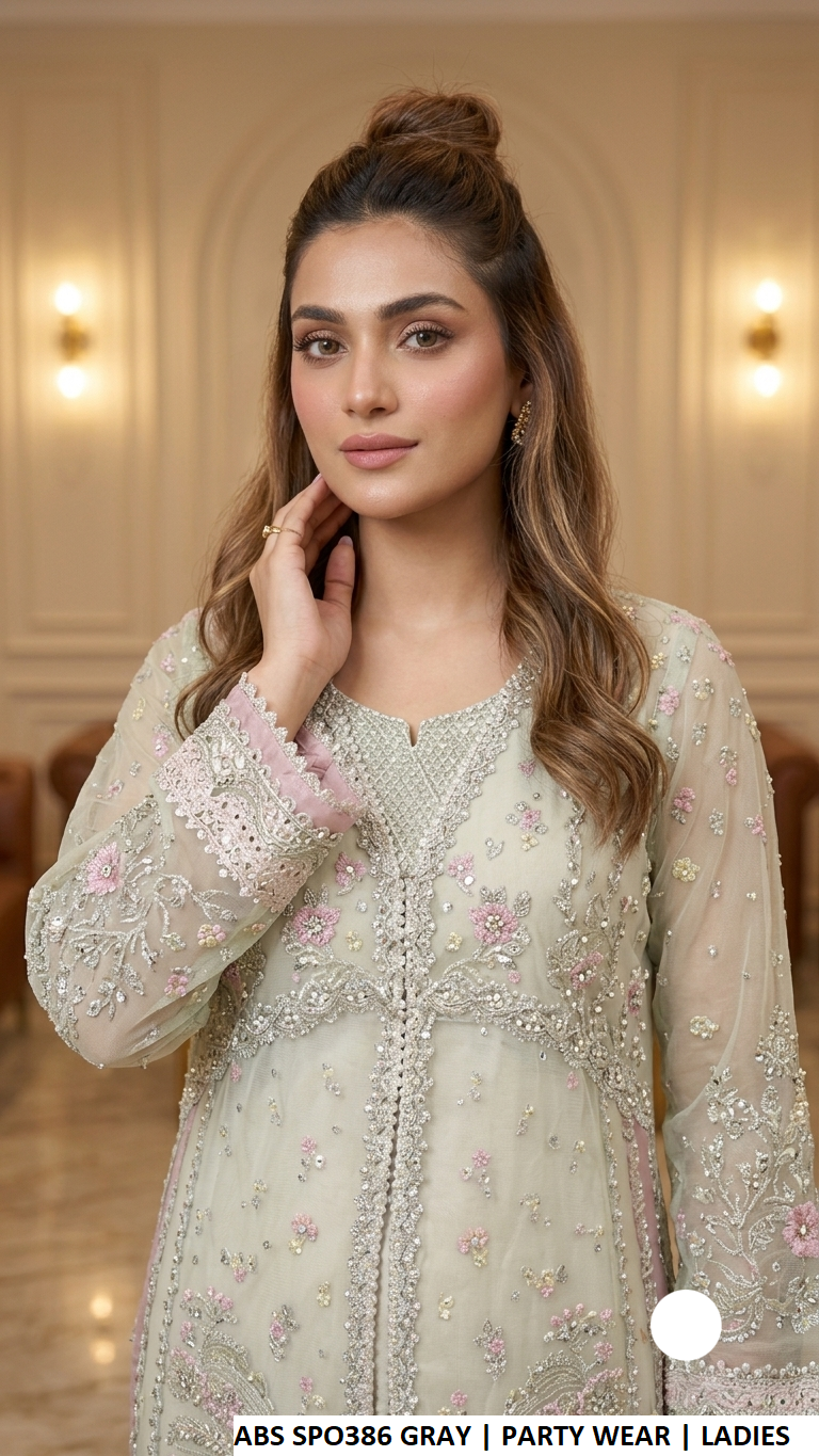Light grey embroidered straight suit with trouser and dupatta, Pakistani women's party wear