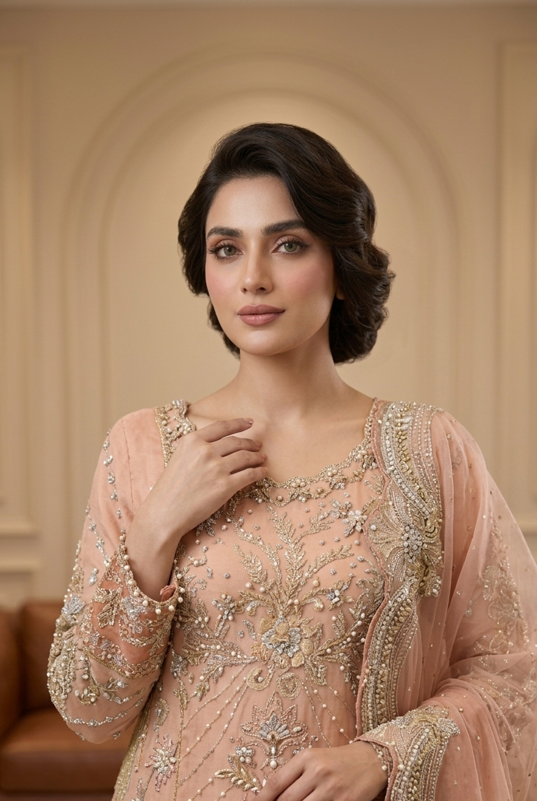 Tea pink embroidered sharara suit with dupatta, Pakistani women's party wear
