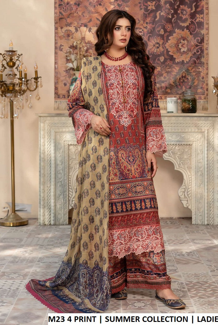 Lawn straight shirt plazo M23 4 PRINT - Pakistani women's summer casual outfit with digital printed dupatta front view