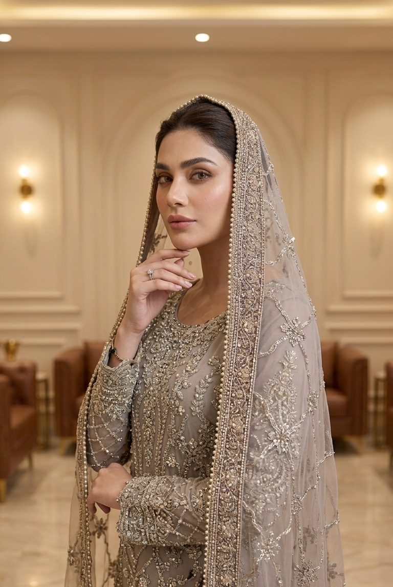 Lilac embroidered sharara suit with dupatta, Pakistani women's party wear