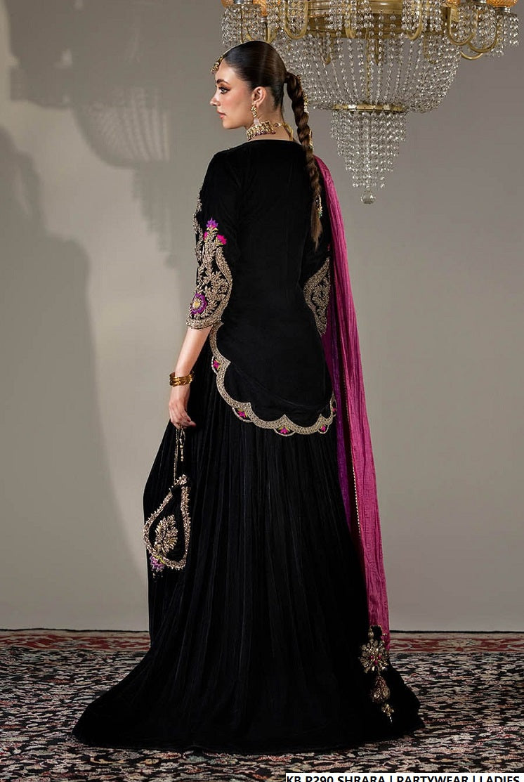 Pakistani women's velvet hand embroidered luxury sharara detail view
