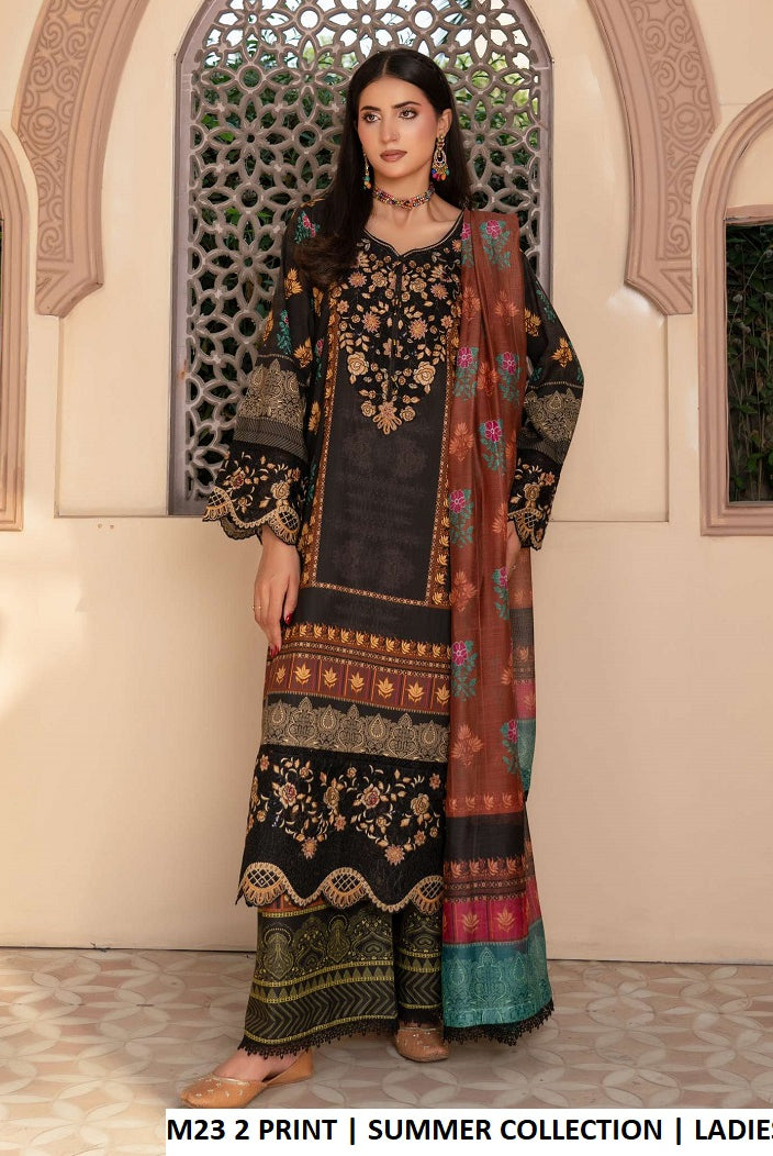 Lawn straight shirt plazo M23 2 PRINT - Pakistani women's summer casual outfit with digital printed dupatta front view